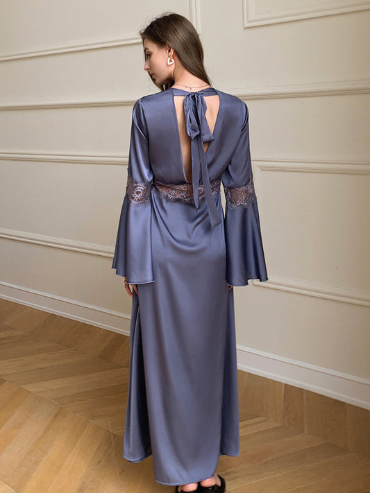 Dusty Blue Satin Chiffon Maxi Robe