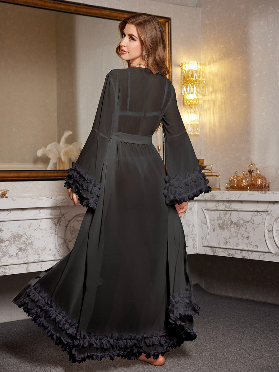 Sheer Ruffle Trim Robe with Bell Sleeves