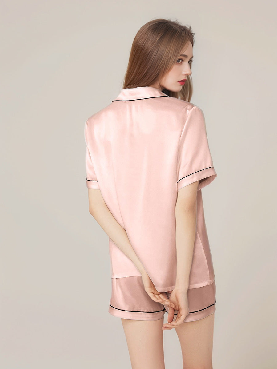 Notched Collar Button Down Top & Shorts Silk Sleepwear Set