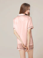 Notched Collar Button Down Top & Shorts Silk Sleepwear Set