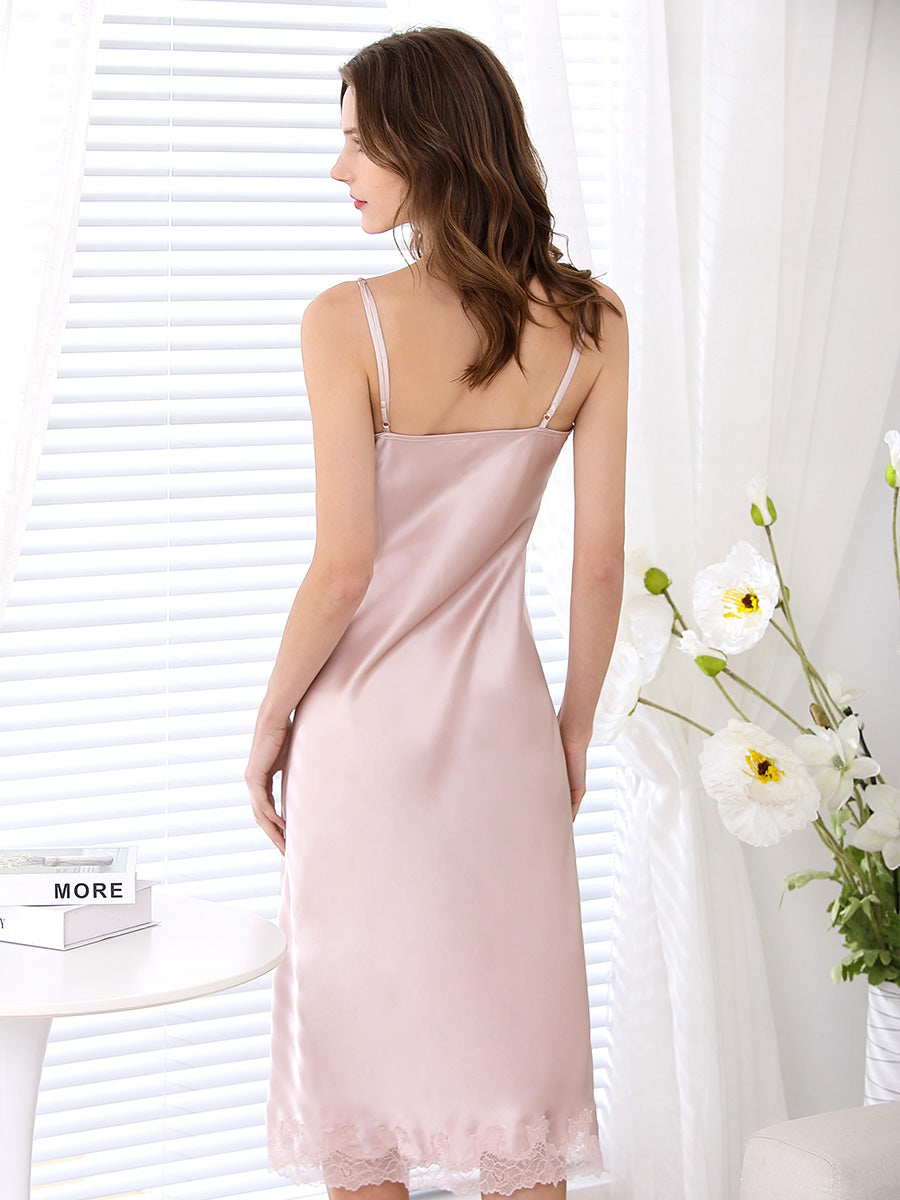 19 Momme Silk Slip Dress with Floral Lace