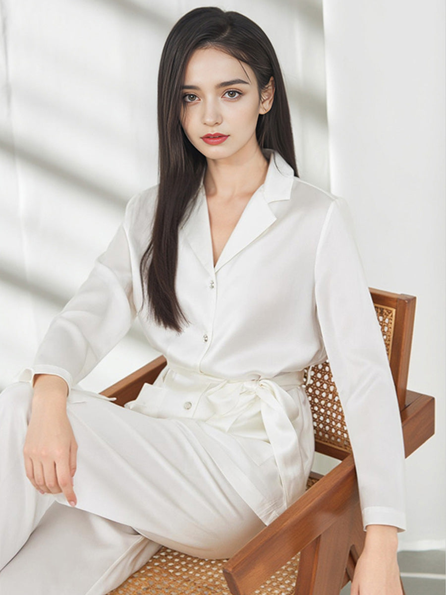 100% Mulberry Silk Belted Notched Collar Long Sleeve Pajama Set