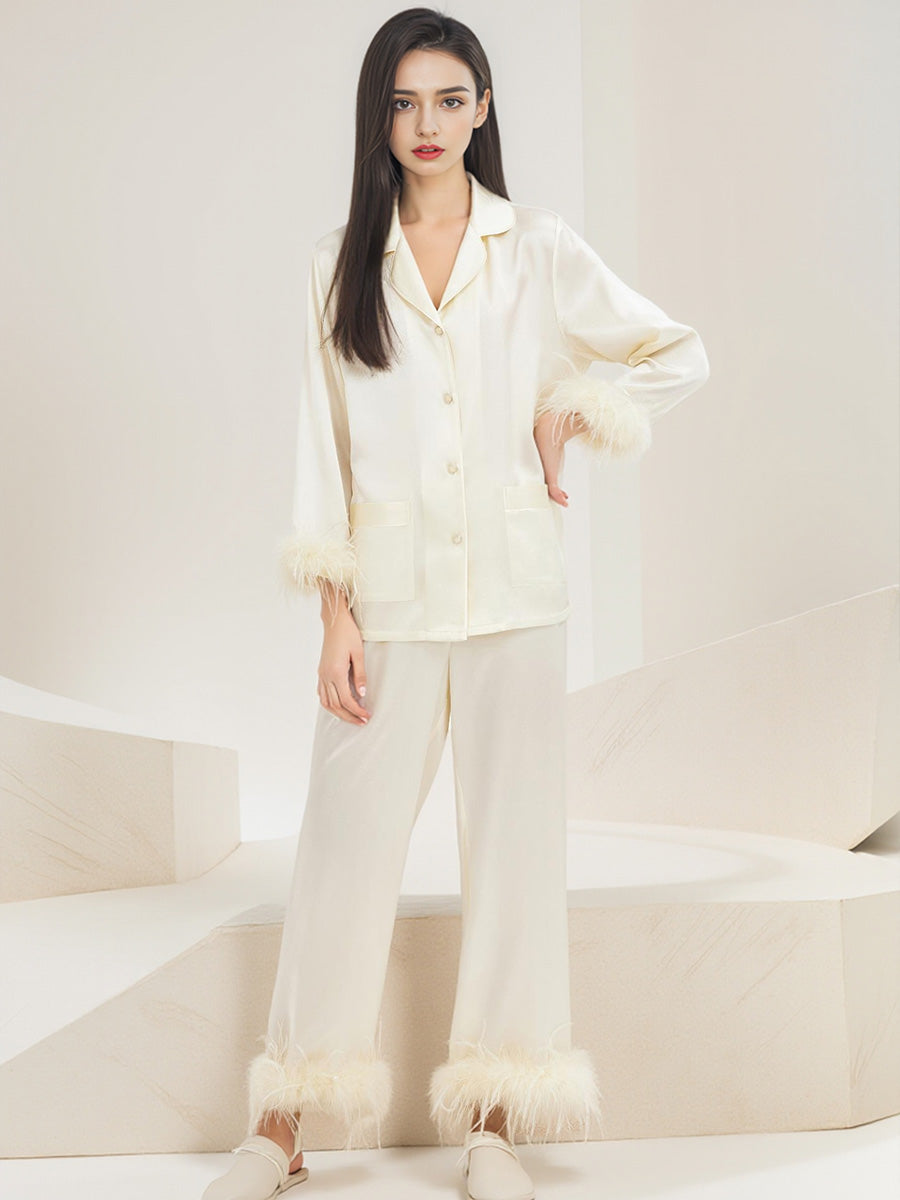 100% Mulberry Silk Ostrich Feather Trim Pajama Set