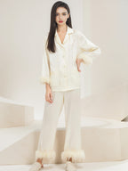 100% Mulberry Silk Ostrich Feather Trim Pajama Set
