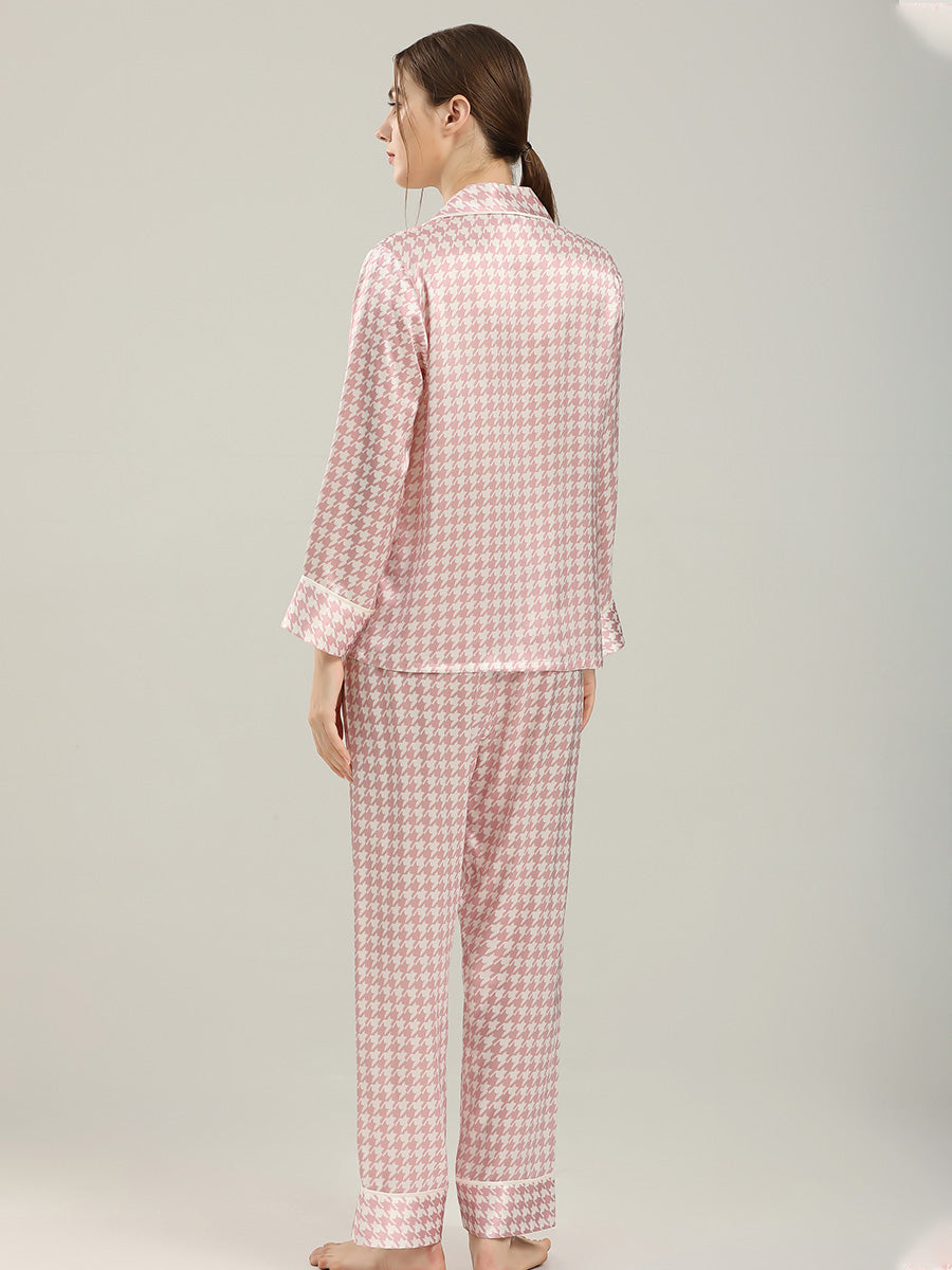 Long Sleeve Mulberry Silk Pajama Set with Houndstooth Print