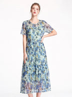 Short Sleeve Round Neck 100% Mulberry Silk Floral Dress