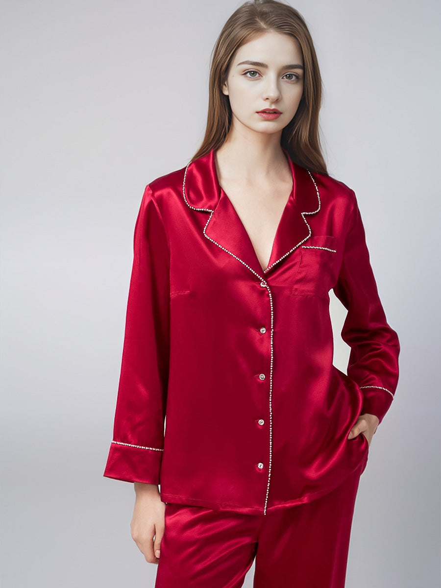 100% Mulberry Silk Rhinestone Trim Notched Collar Pajama Set
