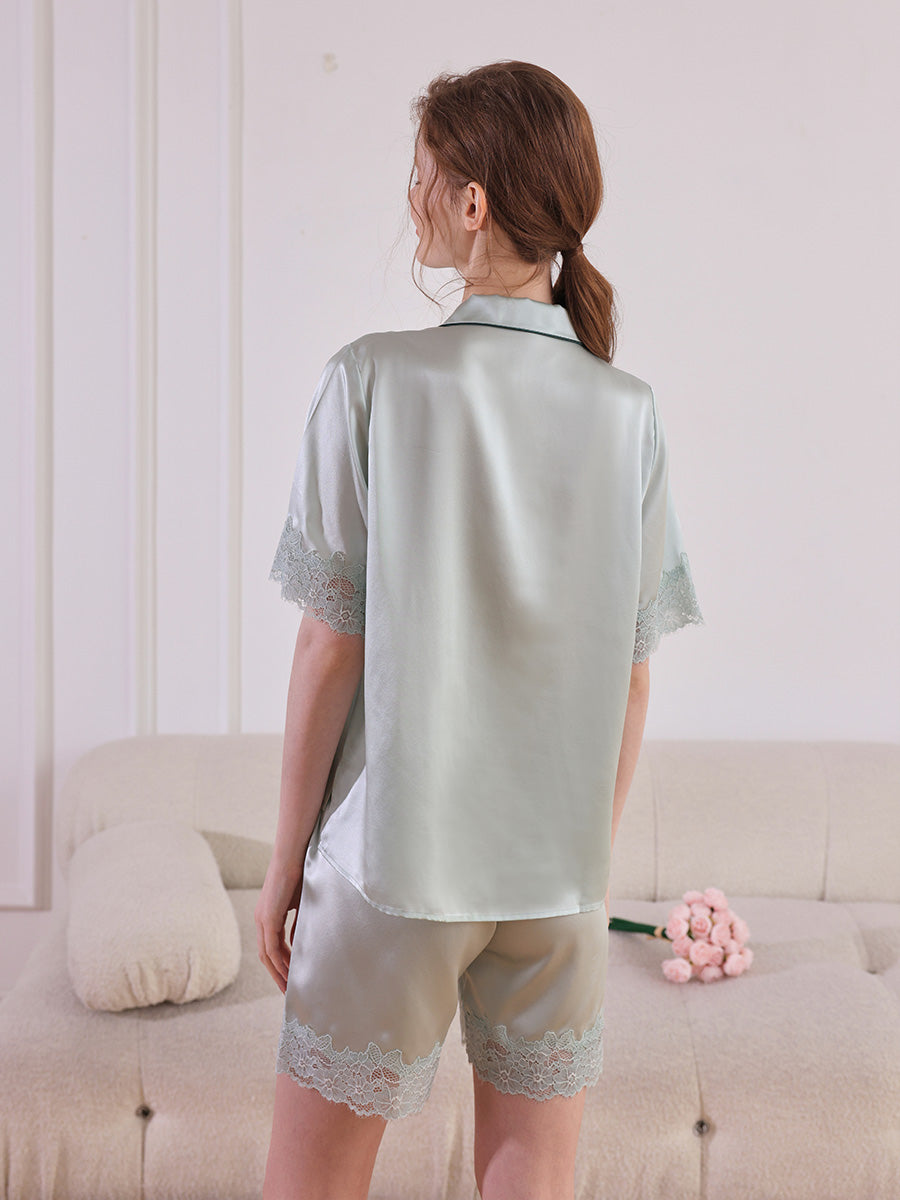 Floral Lace Trim Silk Short Sleeve Pajama Shorts Set