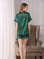 Short Sleeve Mulberry Silk Pajama Shorts Set with Contrast Piping