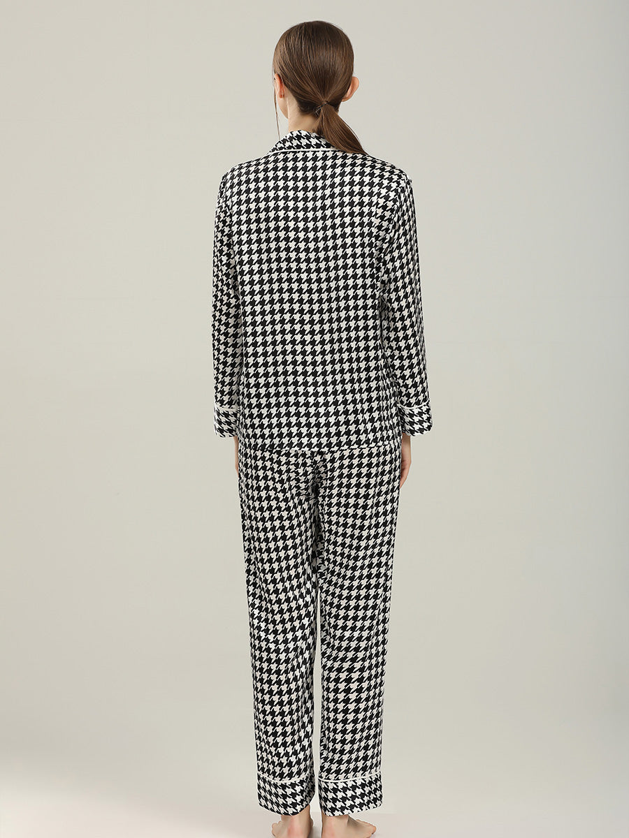 Long Sleeve Mulberry Silk Pajama Set with Houndstooth Print