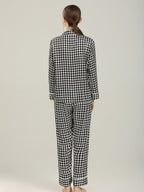 Long Sleeve Mulberry Silk Pajama Set with Houndstooth Print