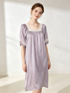 100% Mulberry Silk Lace Square Neck Short Sleeve Midi Nightgown