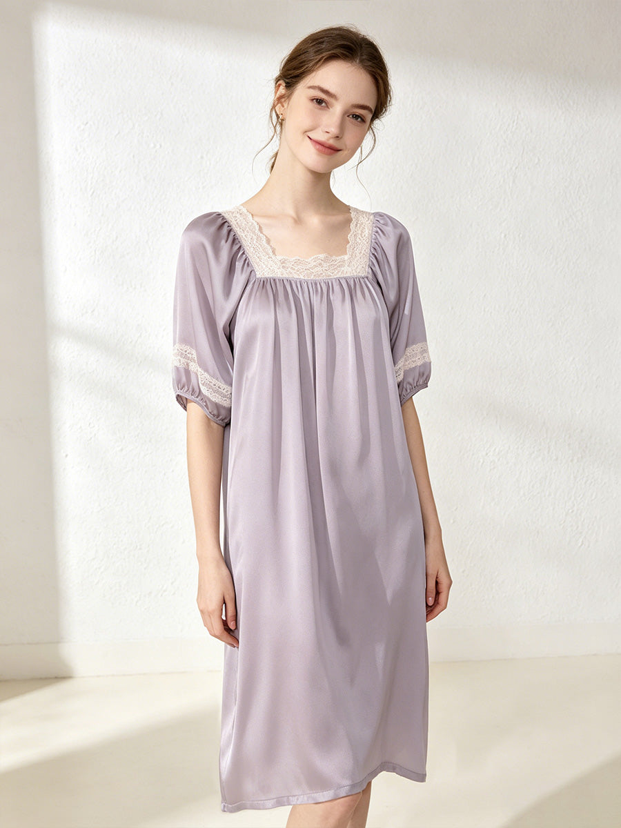 100% Mulberry Silk Lace Square Neck Short Sleeve Midi Nightgown
