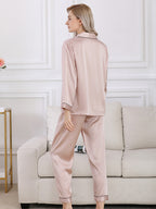 Long Sleeve Mulberry Silk Pajama Set with Contrast Piping