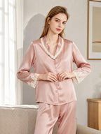100% Mulberry Silk Lace Trim Notch Collar Pajama Set