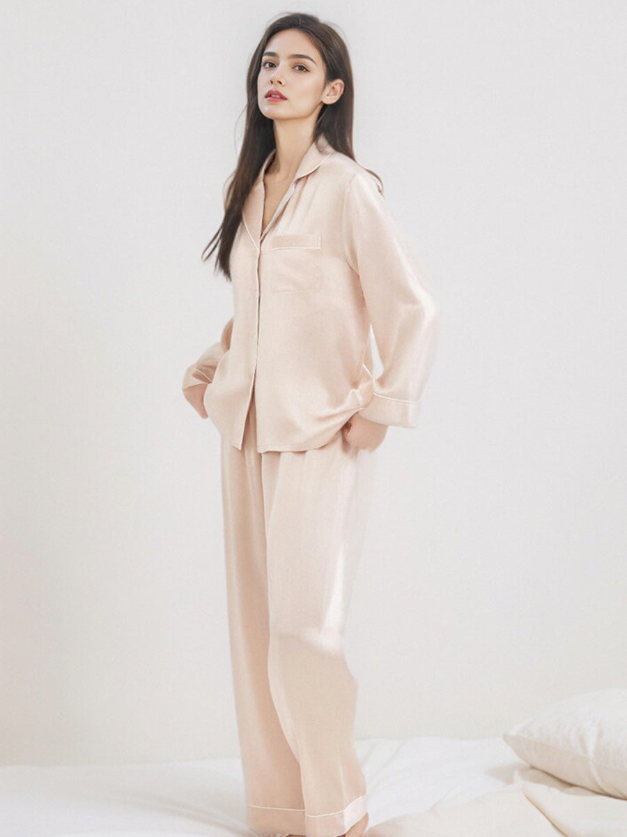 Contrast Piping Notched Collar Long Sleeve Pajama Set