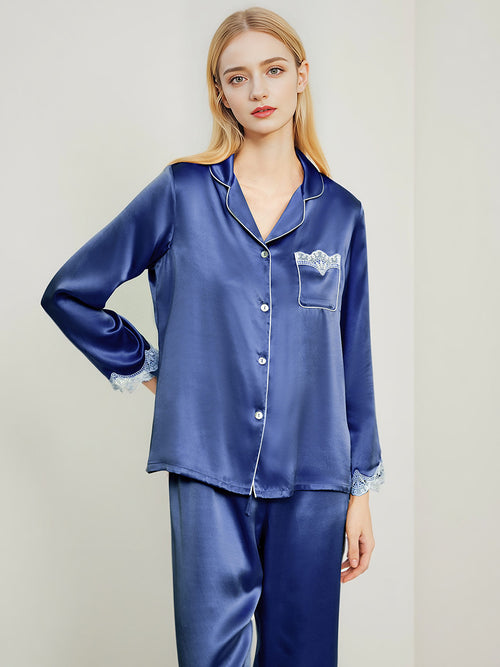 100% Mulberry Silk Scalloped Lace Trim Long Sleeve Pajama Set