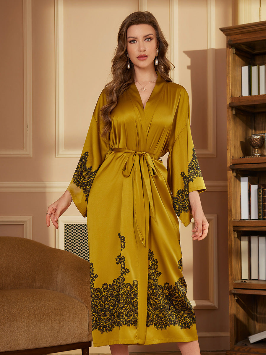 Gold Lace Satin Kimono Robe