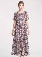 Short Sleeve Round Neck 100% Mulberry Silk Floral Dress