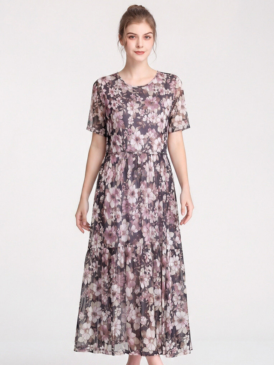 Short Sleeve Round Neck 100% Mulberry Silk Floral Dress