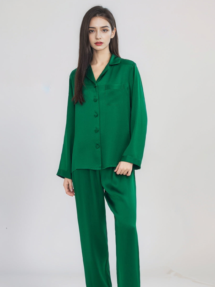Classic Button Front Top & Long Pants Silk Sleepwear Set
