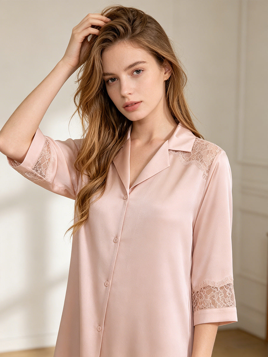 3/4 Sleeve Button Front 100% Pure Silk Nightshirt