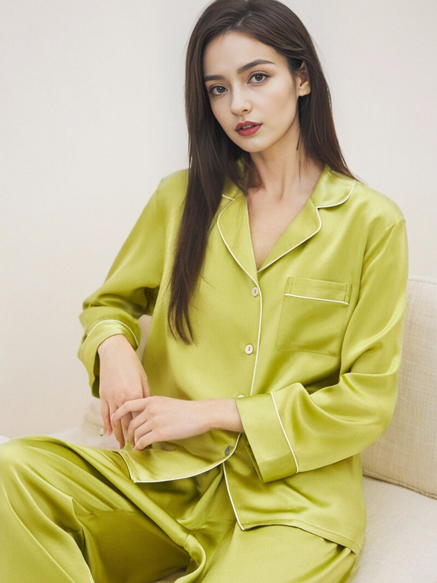 Contrast Piping Notched Collar Long Sleeve Pajama Set
