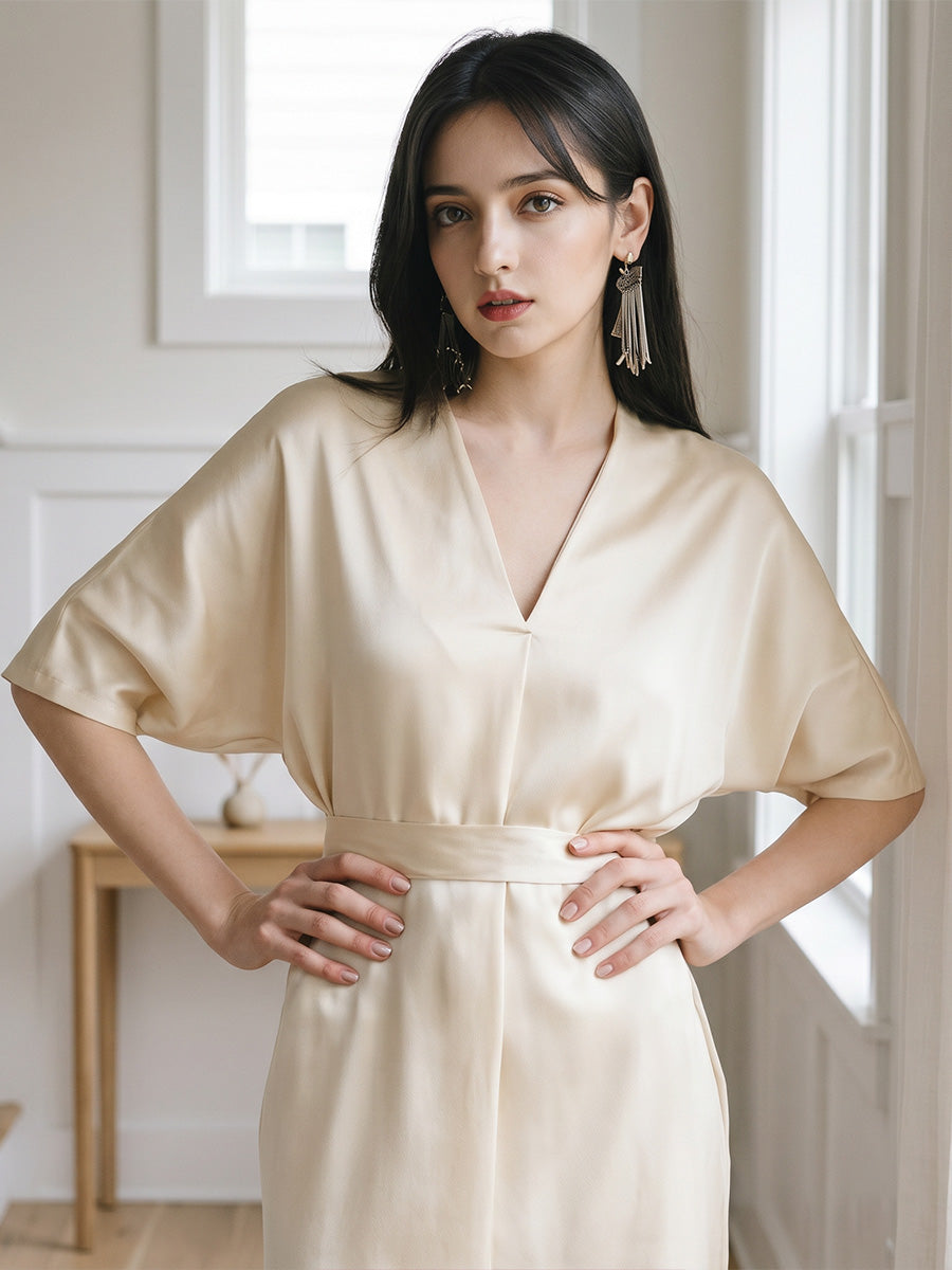 3/4 Sleeve Waist Tie 100% Pure Silk Sleep Dress