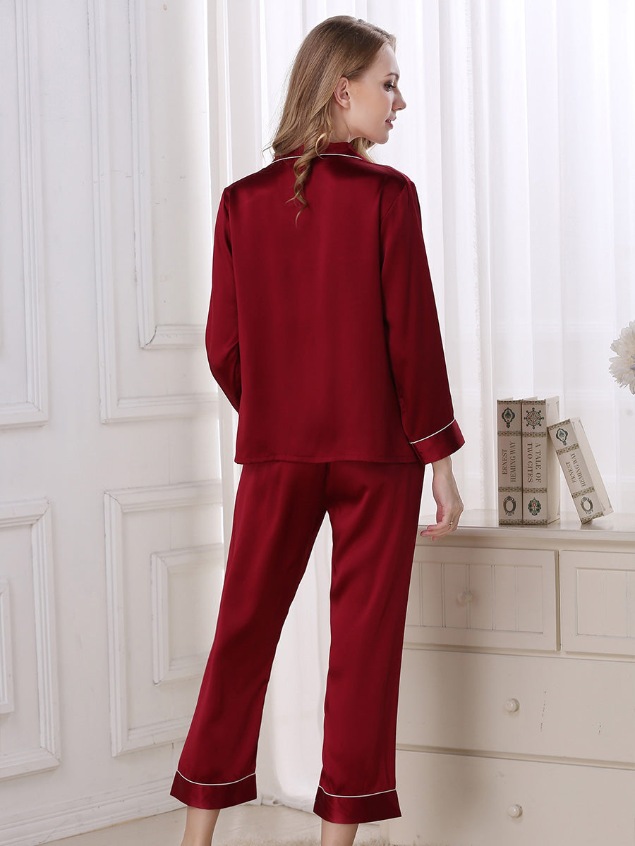 Long Sleeve Mulberry Silk Pajama Set with Contrast Piping
