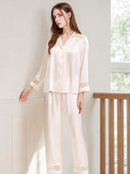 100% Mulberry Silk Hollow Lace Panel 3/4 Sleeve Pajama Set