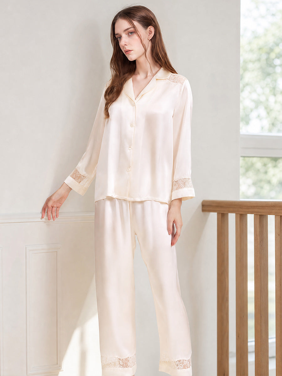 100% Mulberry Silk Hollow Lace Panel 3/4 Sleeve Pajama Set