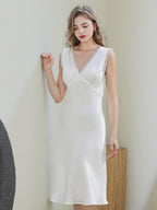 Eyelash Lace Trim 100% Pure Silk Mid-Length Sleep Dress