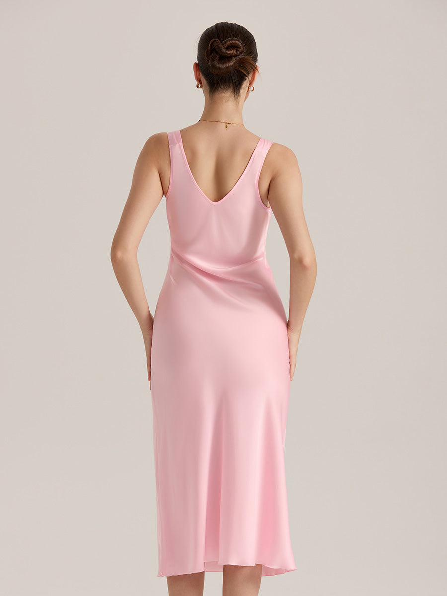 Satin Chiffon V-Neck Midi Slip Dress