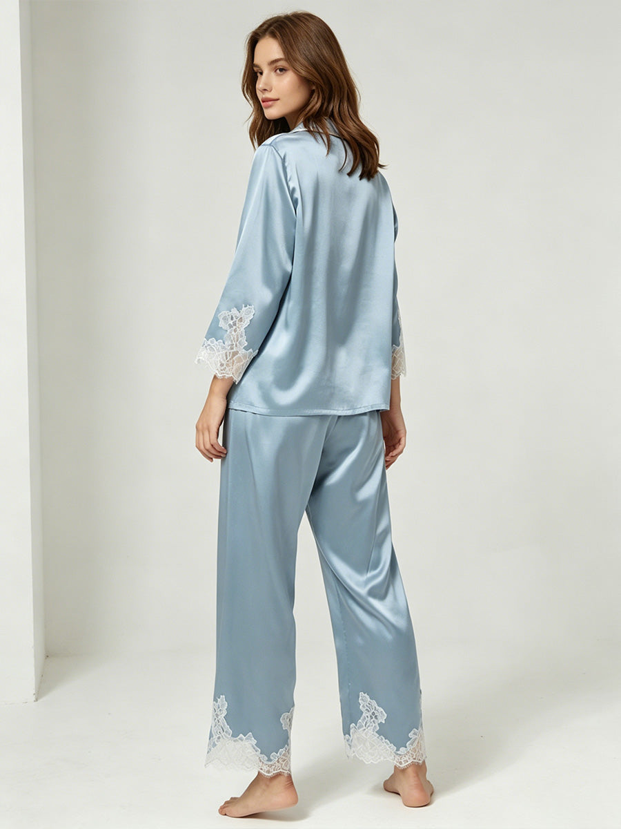 100% Mulberry Silk Lace Trim 3/4 Sleeve Pajama Set