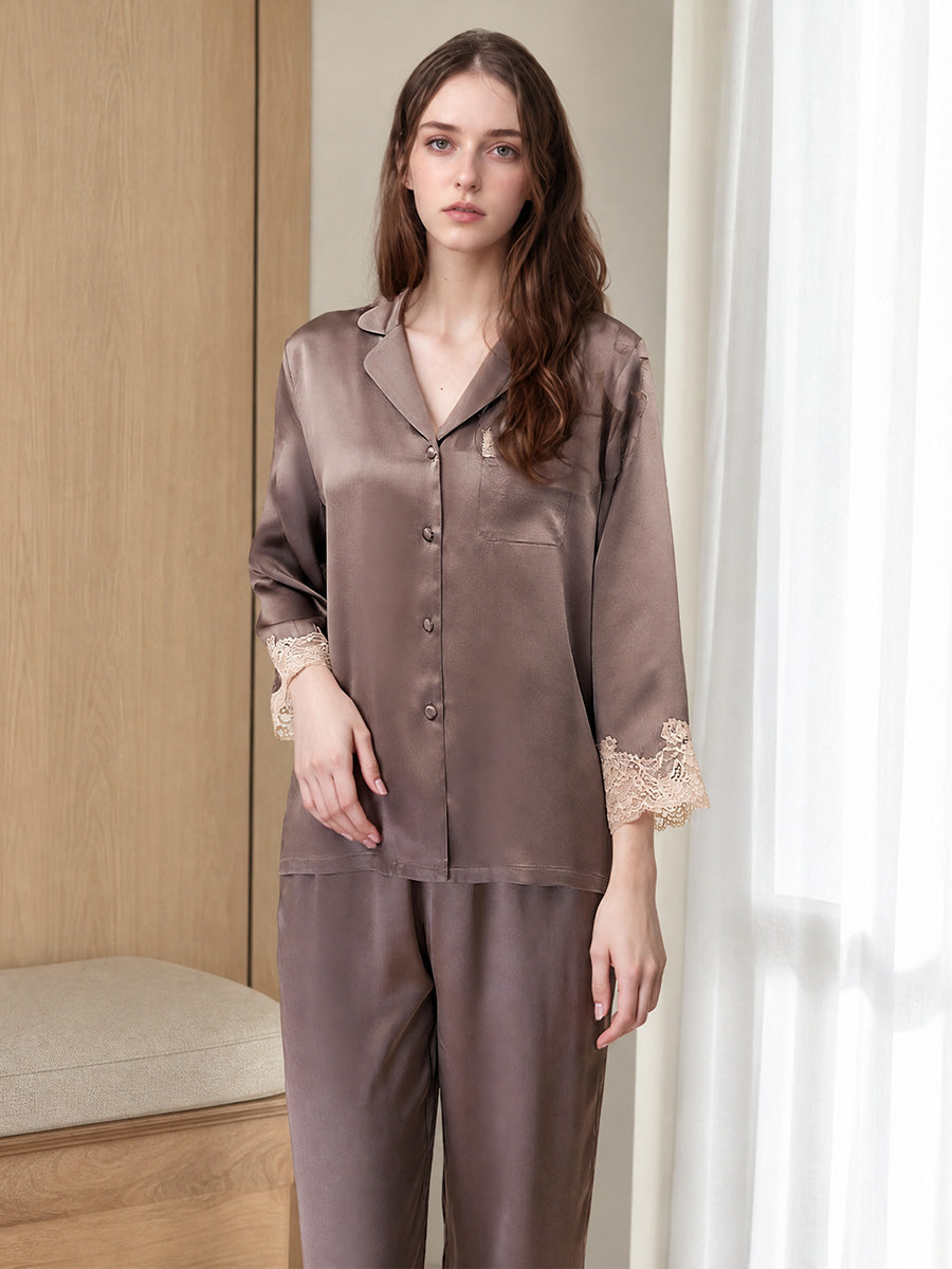 3/4 Sleeve Button Top & Long Pants Silk Sleepwear Set