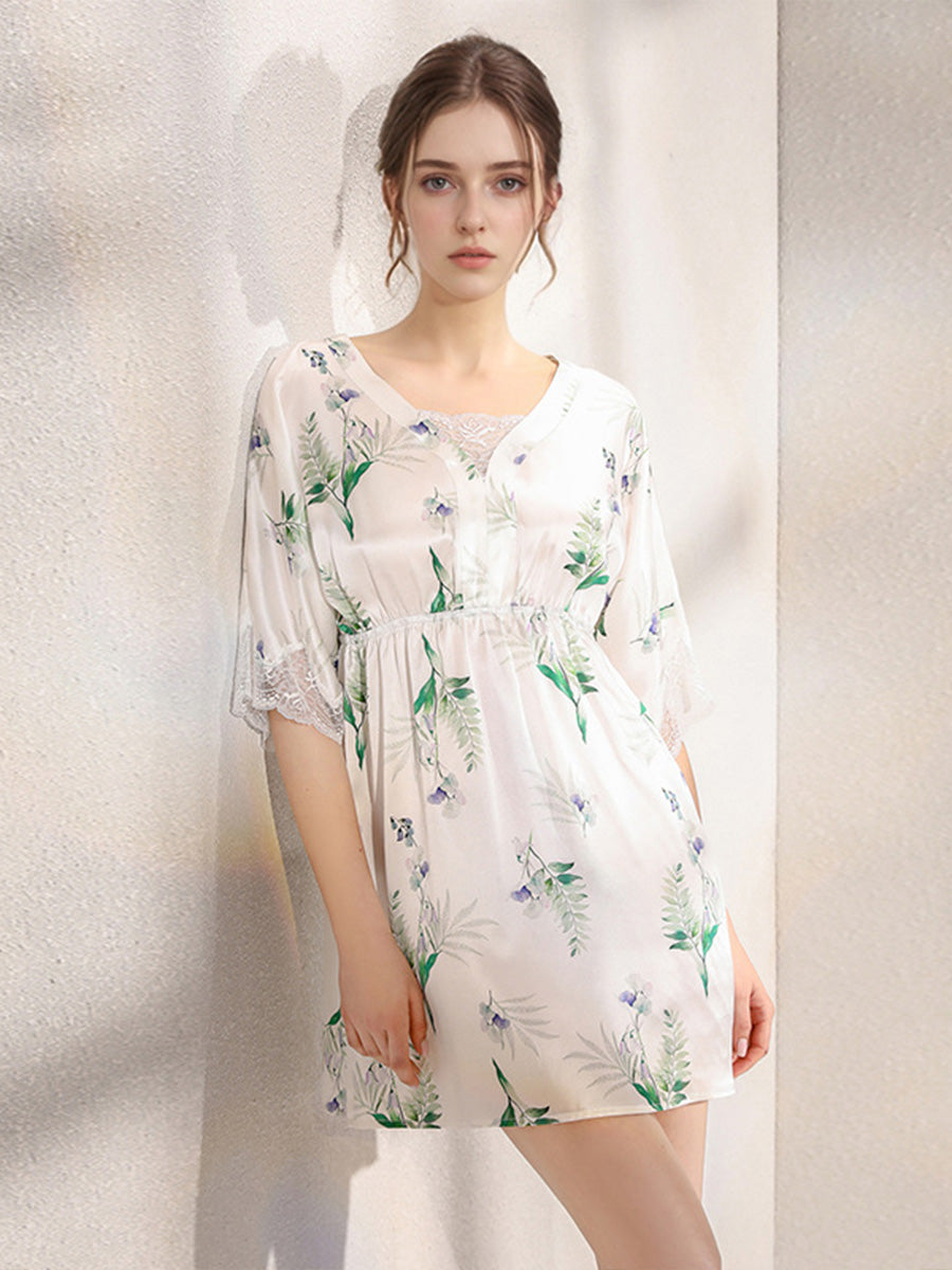 Loose Vintage Floral 100% Mulberry Silk Short Nightdress