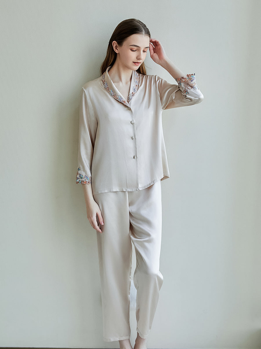 19 Momme Silk Pajama Set with Embroidered Lace Trim