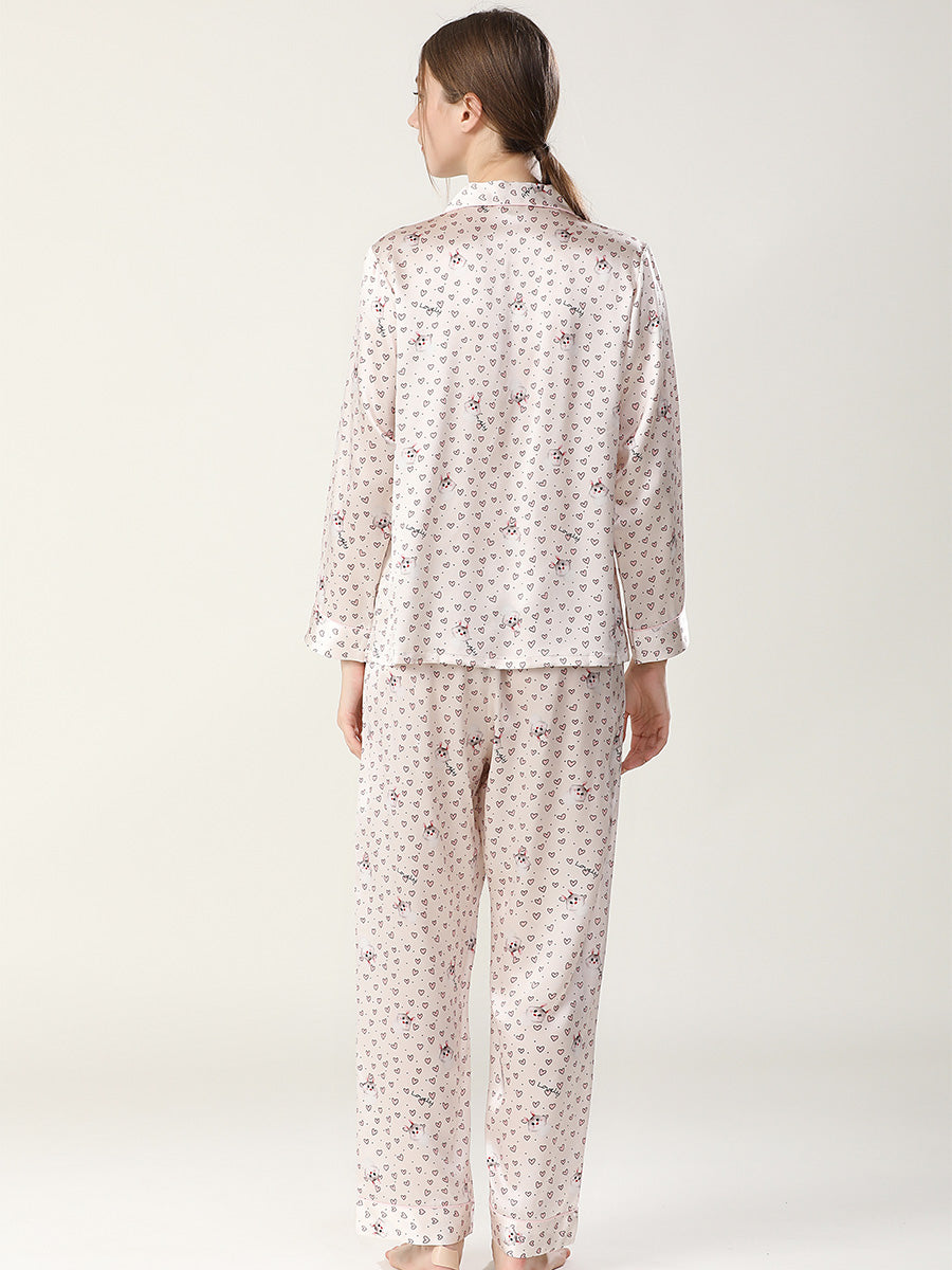 19 Momme Silk Long Sleeve Pajama Set with Heart Print