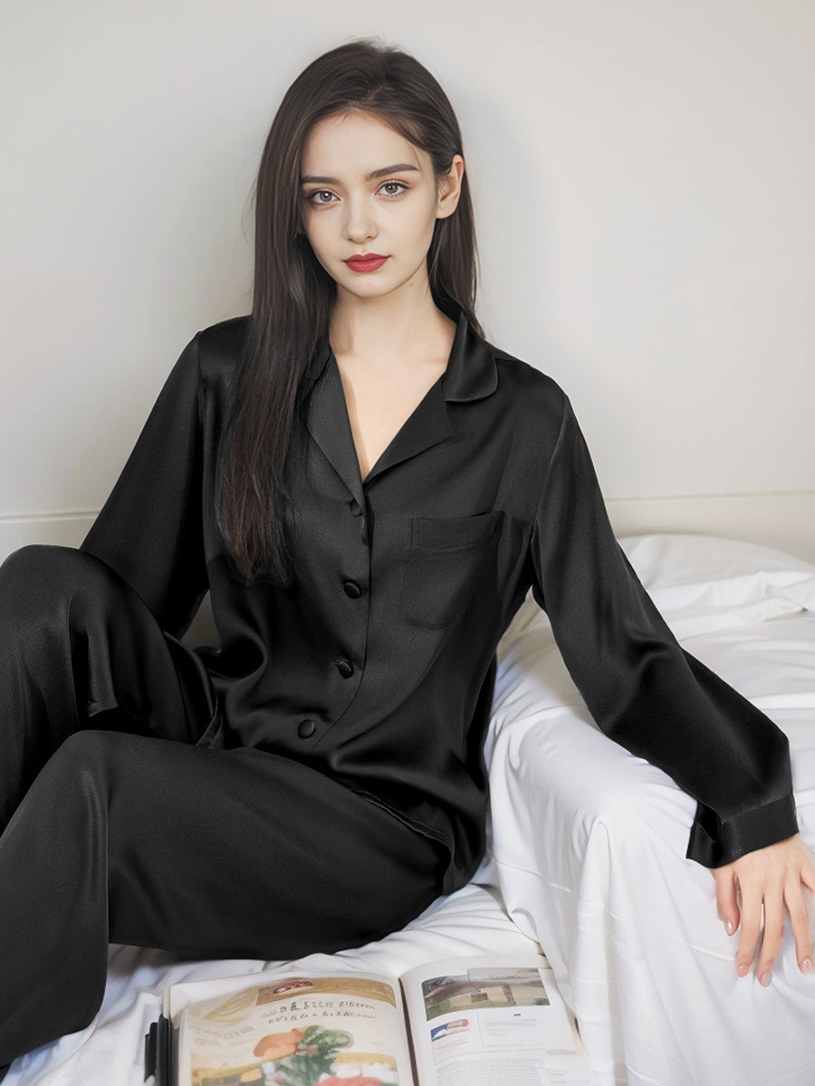 Classic Button Front Top & Long Pants Silk Sleepwear Set