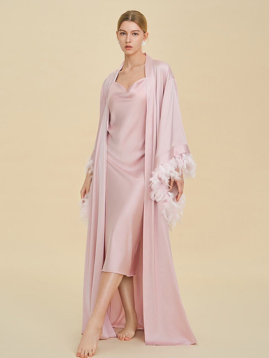 Blush Pink Satin Maxi Robe with Oversized Feather Cuffs