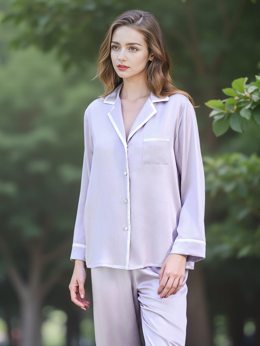 100% Mulberry Silk Contrast Piping Long Sleeve Pajama Set