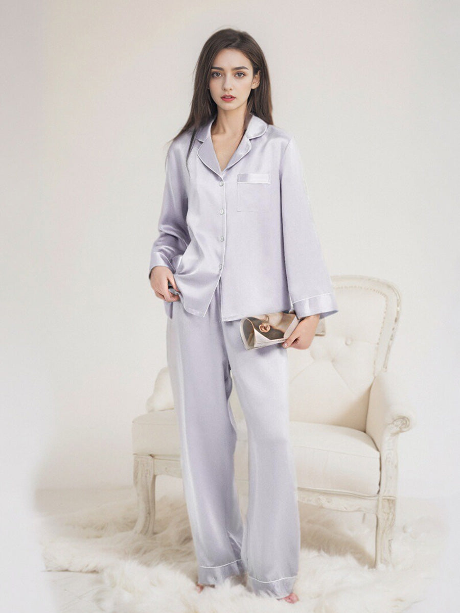 Contrast Piping Notched Collar Long Sleeve Pajama Set