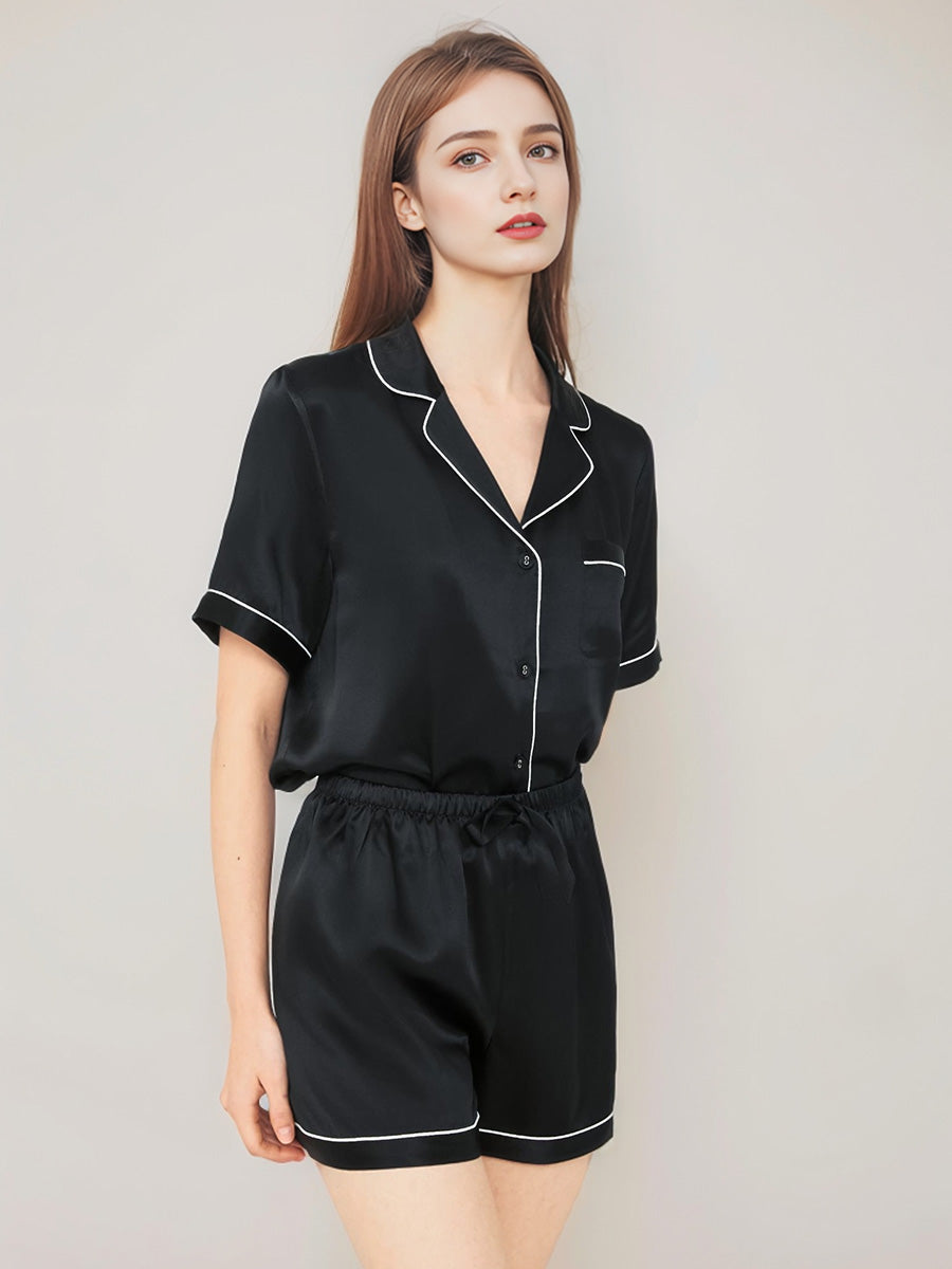 Notched Collar Button Down Top & Shorts Silk Sleepwear Set