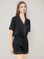 Notched Collar Button Down Top & Shorts Silk Sleepwear Set