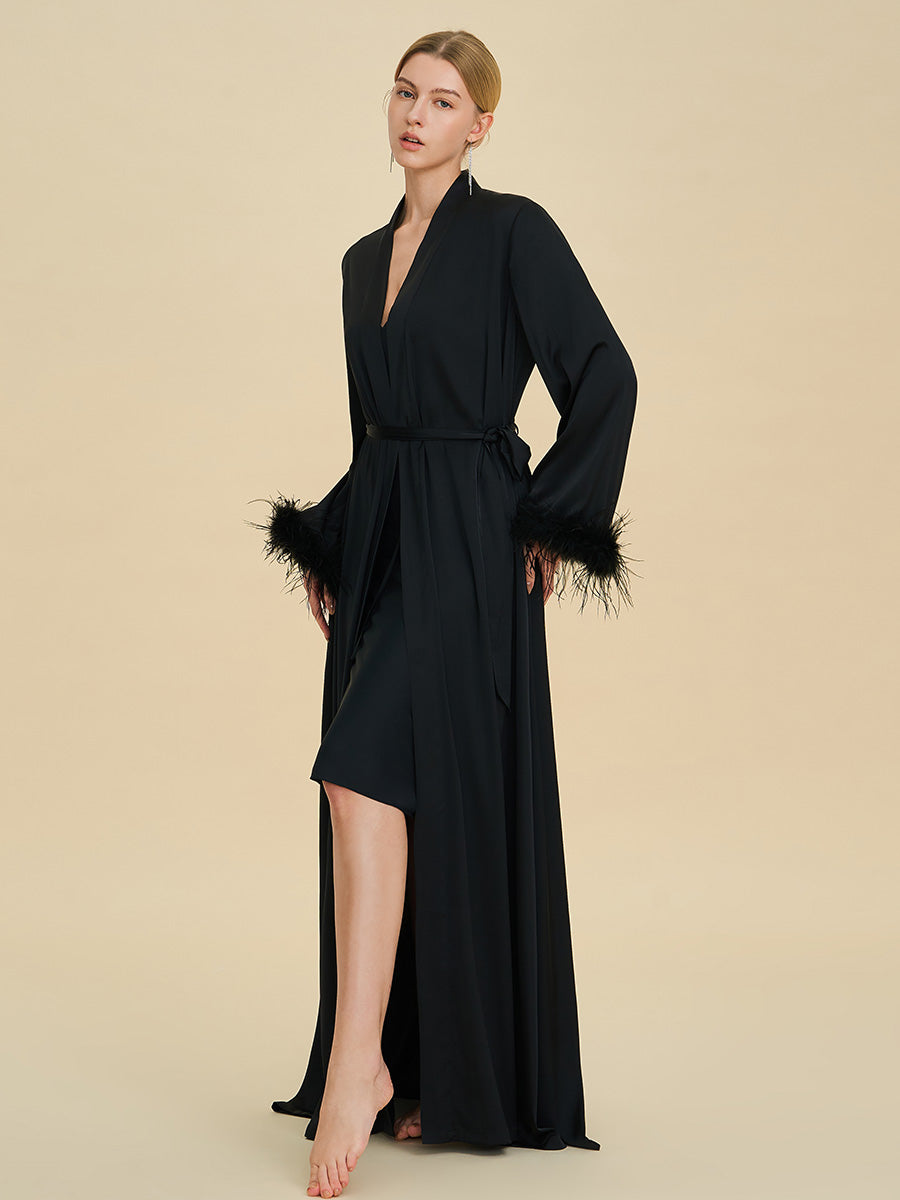 Black Satin Maxi Robe with Feather Cuffs
