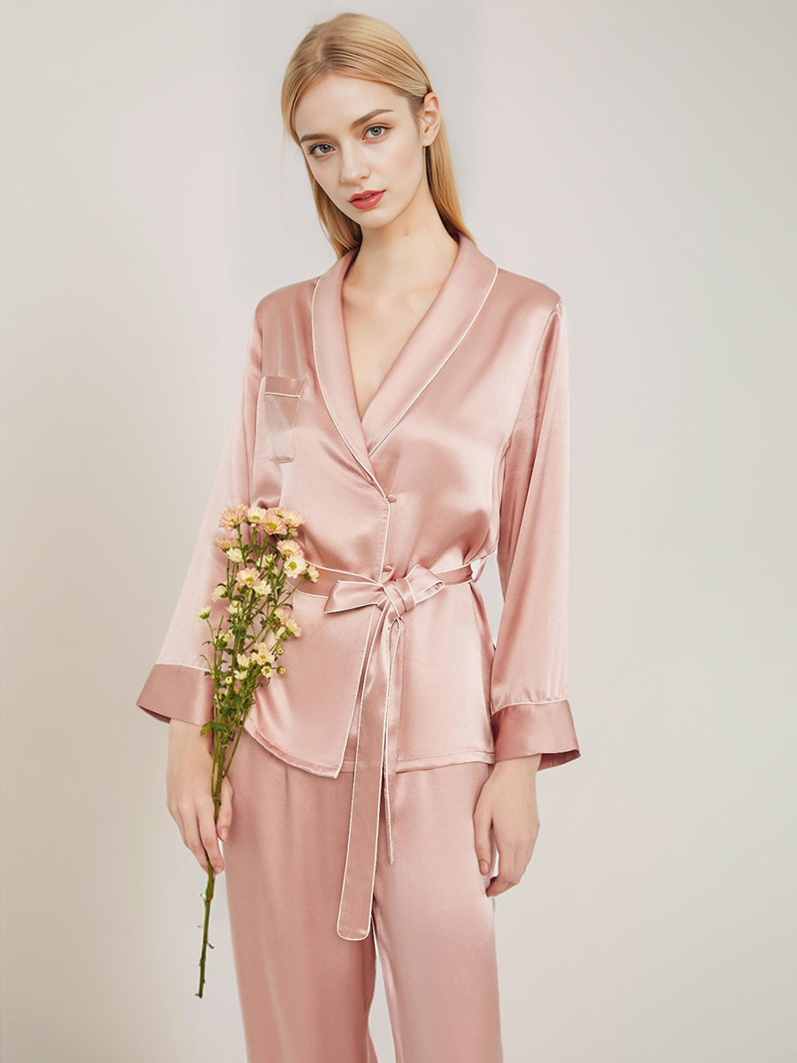 100% Mulberry Silk Wrap Belted Pajama Set Contrast Piping Trim
