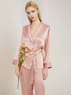 100% Mulberry Silk Wrap Belted Pajama Set Contrast Piping Trim