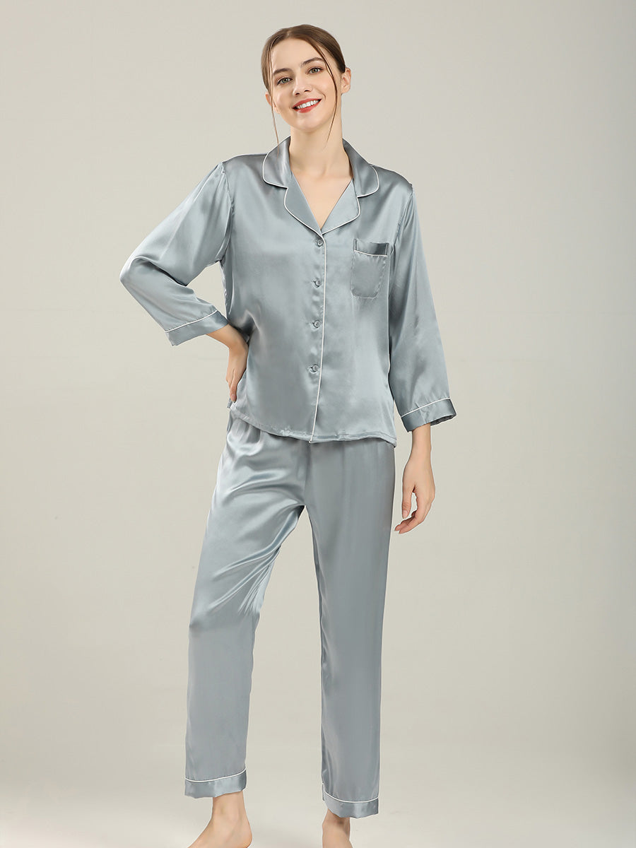 19 Momme Silk Long Sleeve Pajama Set with Contrast Piping
