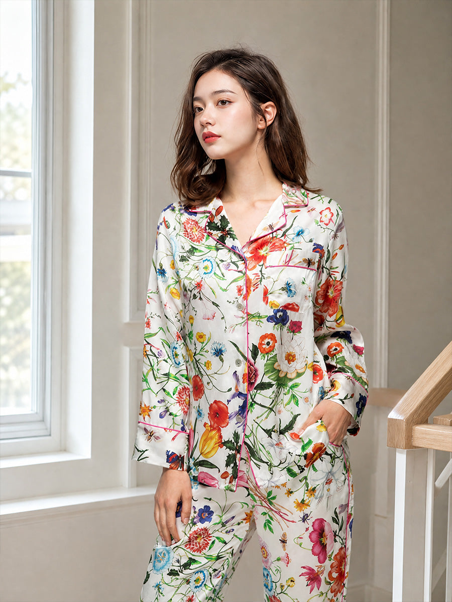 Women Floral Print 100% Mulberry Silk Long Sleeve Pajama Set