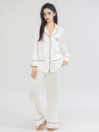 100% Mulberry Silk Contrast Piping Letter Embroidery Long Sleeve Pajama Set